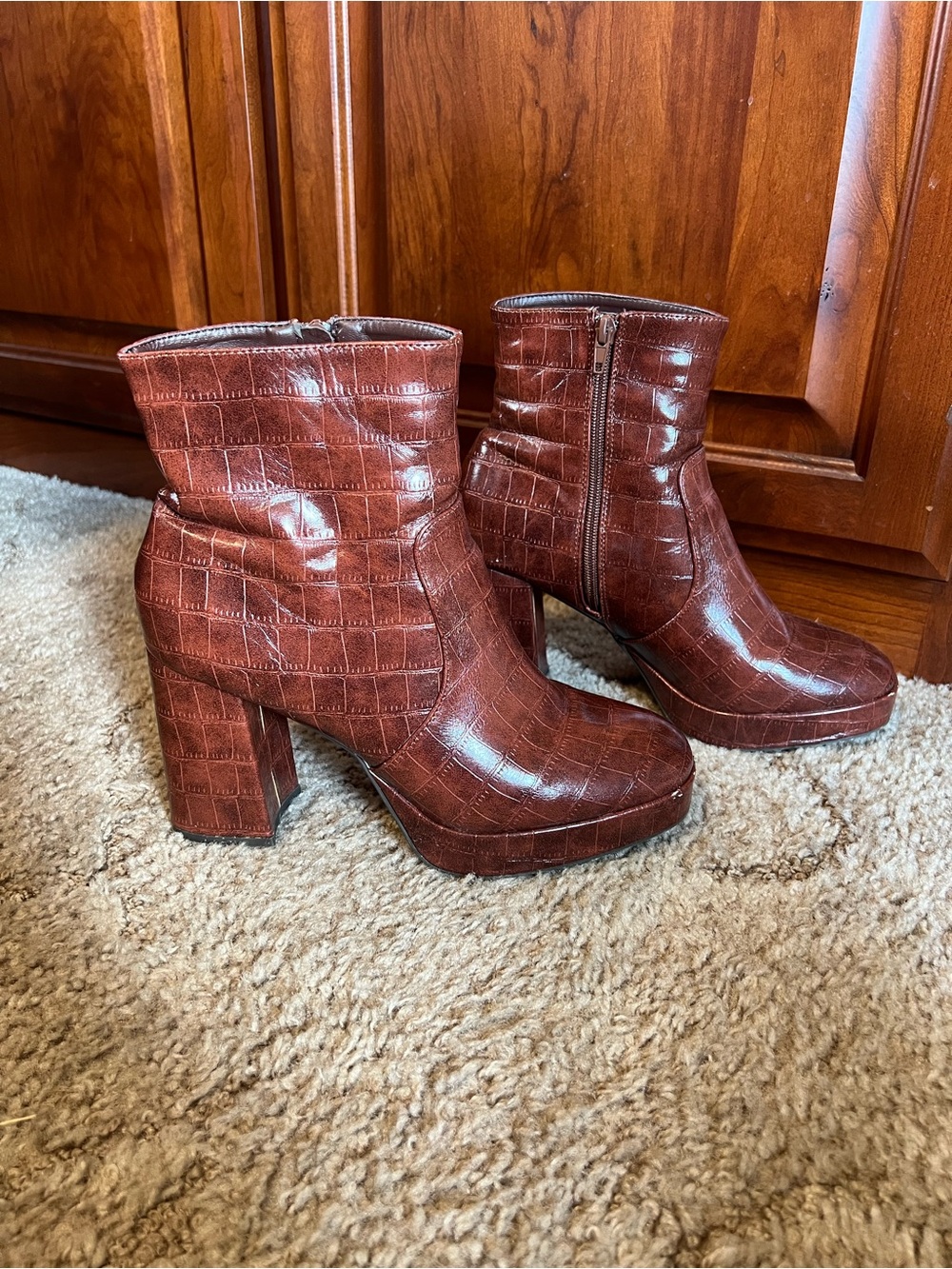 BAMBOO Brown Croc-Embossed Platform Ankle Boots
